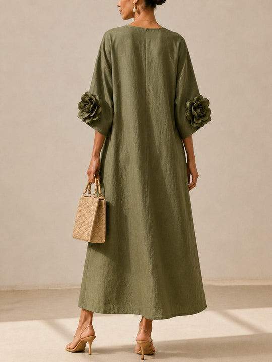Olive Green Midi Dress with V-Neck and Extravagant Floral Sleeves