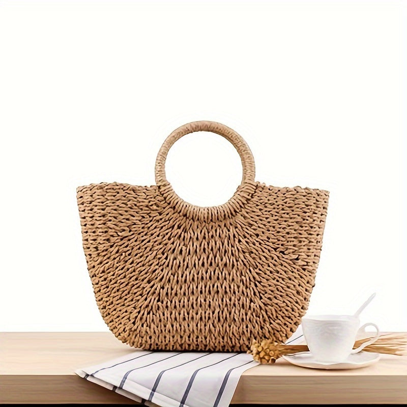 Serenella | Woven Straw Crescent Bag - Cognac