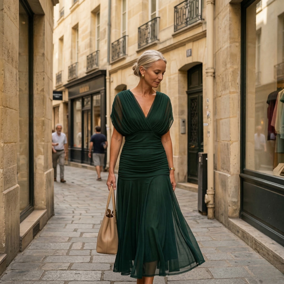 Diane | Draped Maxi Dress with V-Neck and Sheer Sleeves