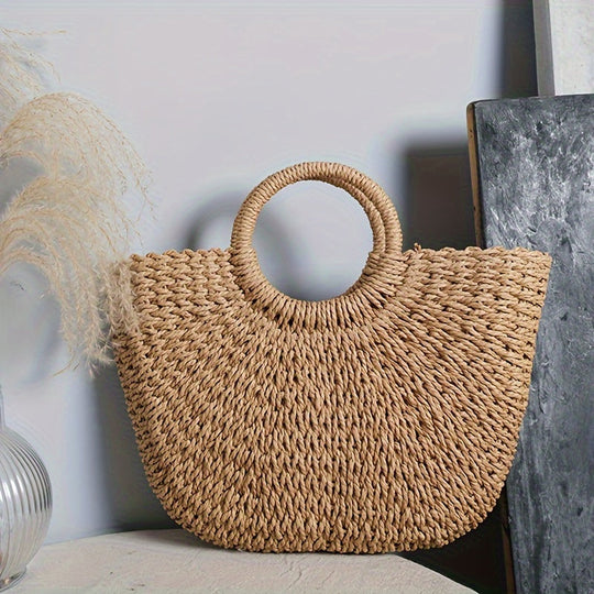 Serenella | Woven Straw Crescent Bag - Cognac