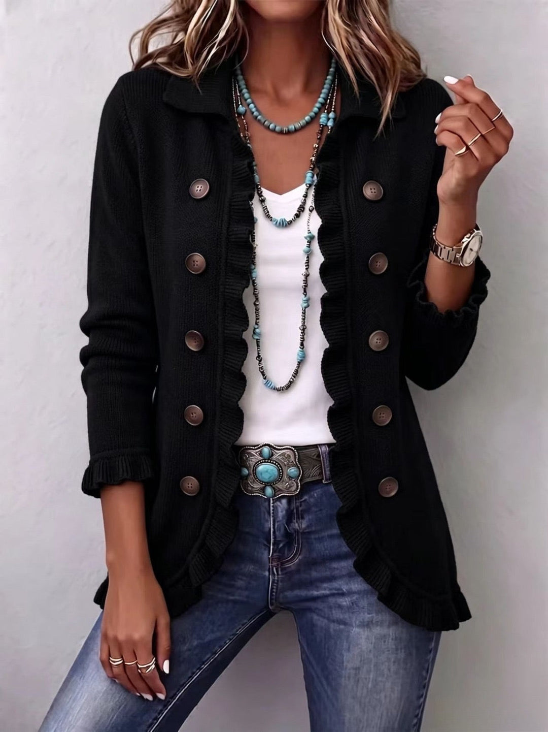 Camila | Black Knitted Jacket with Ruffles