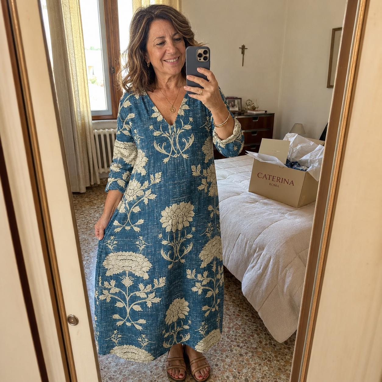 Caterina Roma dress in front of a mirror