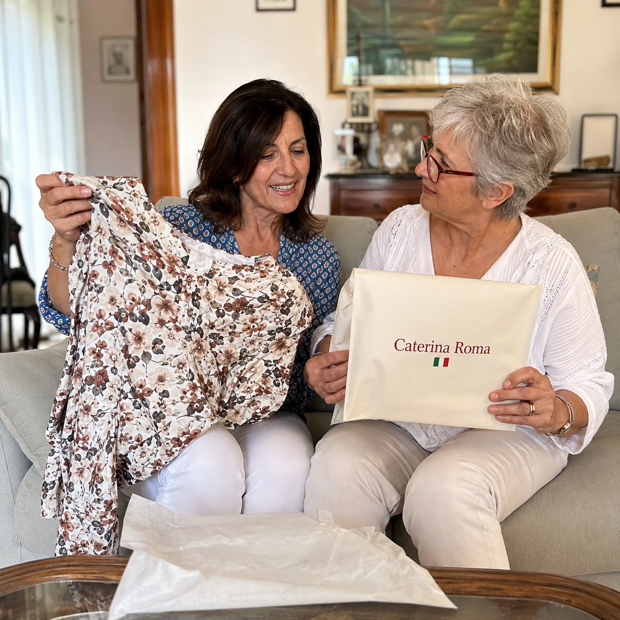 Two women looking at a Caterina Roma garment