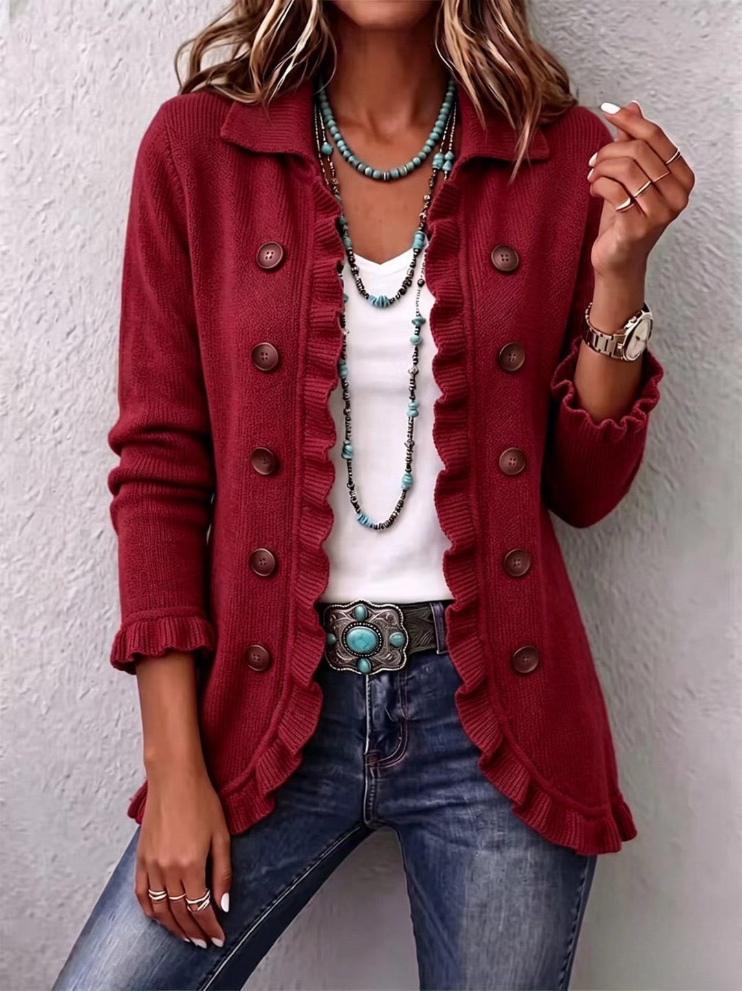 Rosalía | Ruby Red Knitted Jacket with Ruffles
