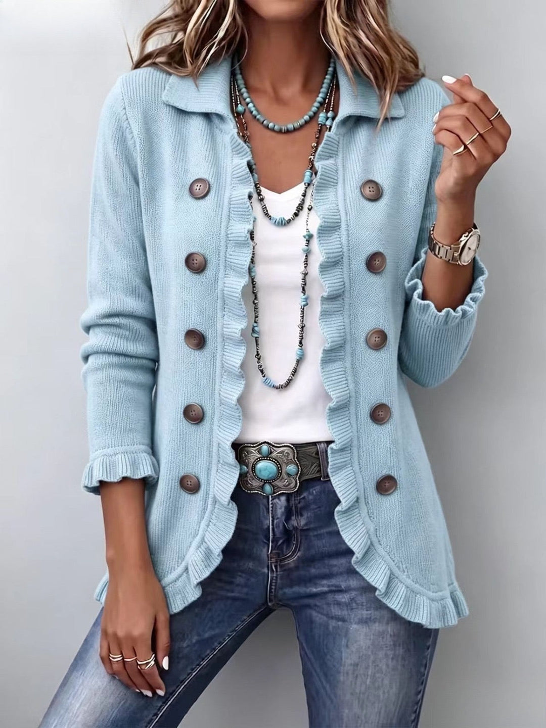 Cecilia | Powder Blue Knit Jacket with Ruffles