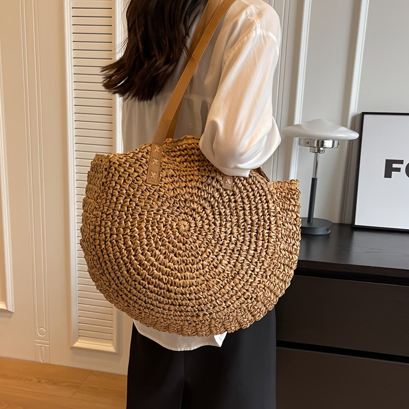 Linda | Round Woven Straw Bag - Hazelnut