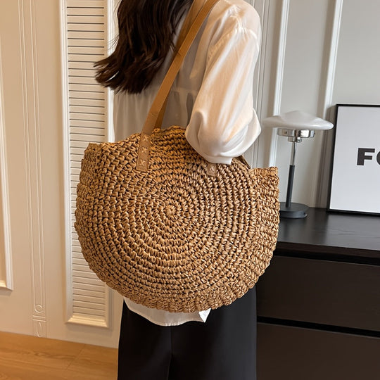 Linda | Round Woven Straw Bag - Hazelnut