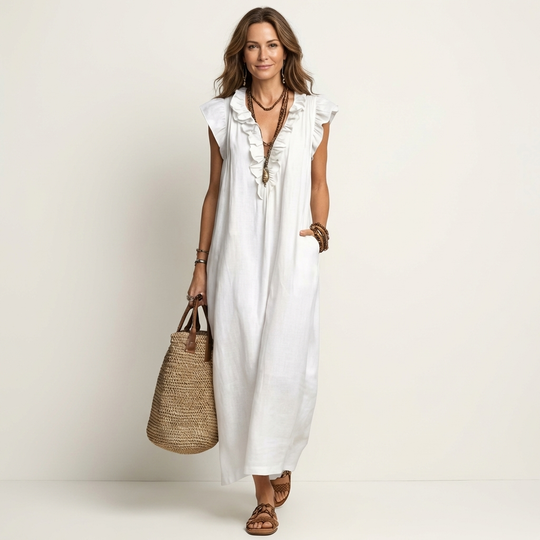 Monica | Maxi Dress in Linen-Cotton Blend with Ruffles and V-Neck