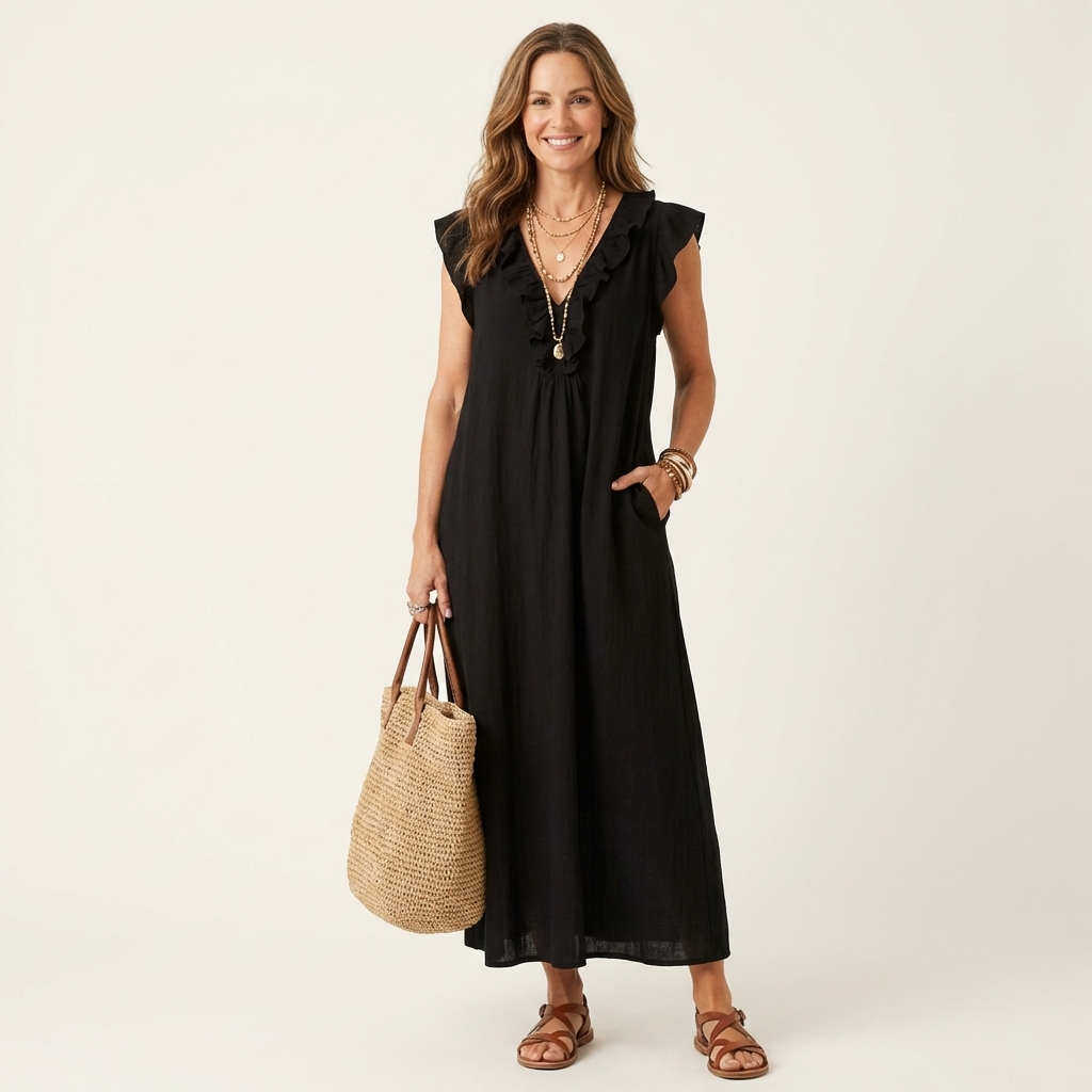 Monica | Maxi Dress in Linen-Cotton Blend with Ruffles and V-Neck