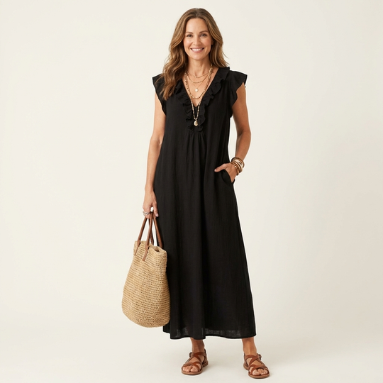 Monica | Maxi Dress in Linen-Cotton Blend with Ruffles and V-Neck