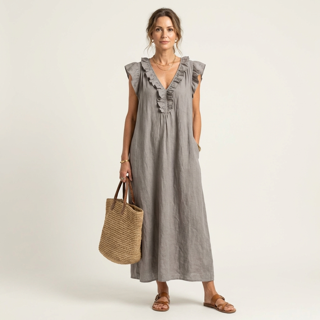 Monica | Maxi Dress in Linen-Cotton Blend with Ruffles and V-Neck