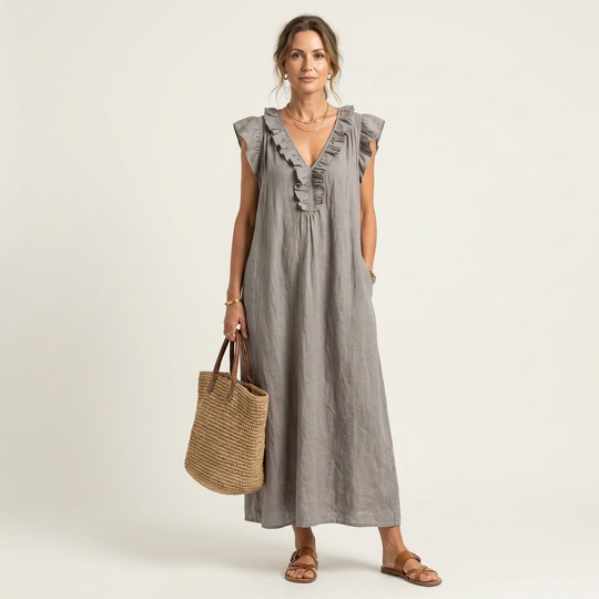 Monica | Maxi Dress in Linen-Cotton Blend with Ruffles and V-Neck