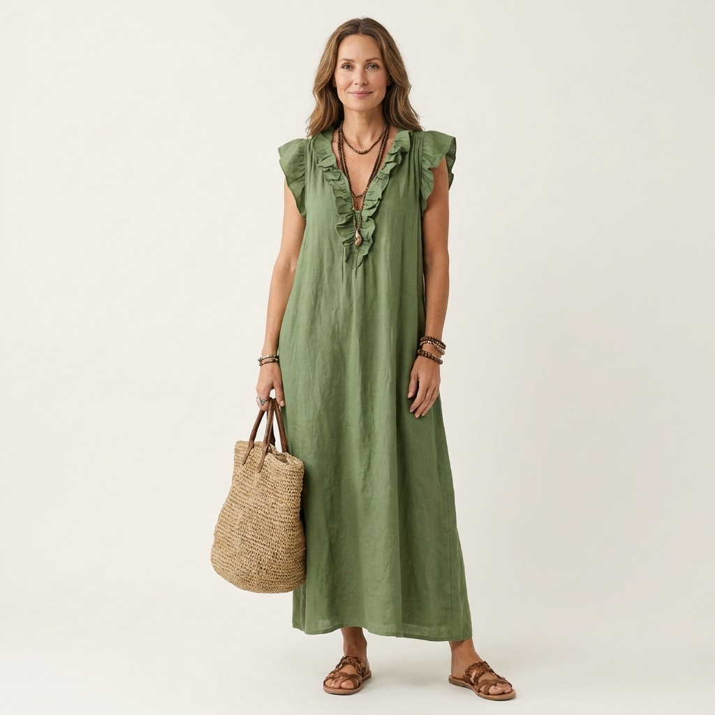 Monica | Maxi Dress in Linen-Cotton Blend with Ruffles and V-Neck
