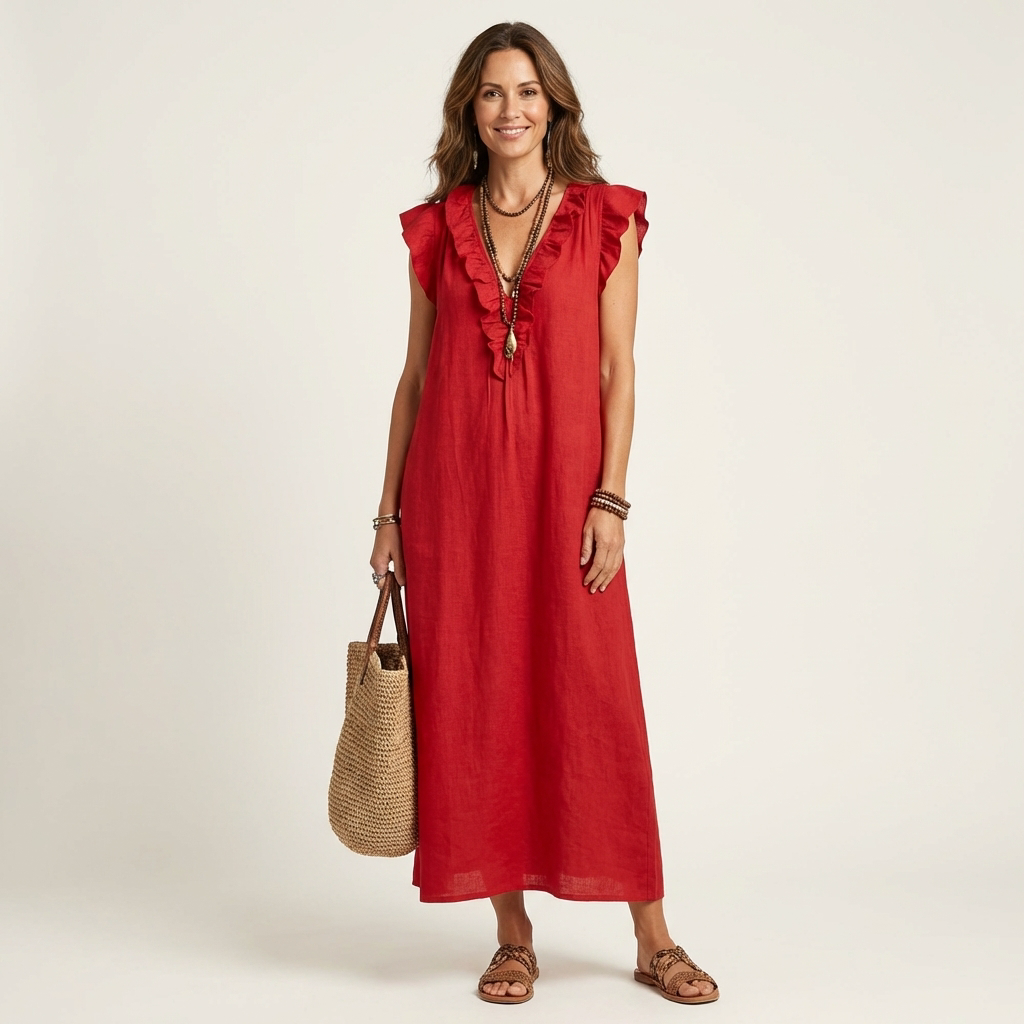 Monica | Maxi Dress in Linen-Cotton Blend with Ruffles and V-Neck