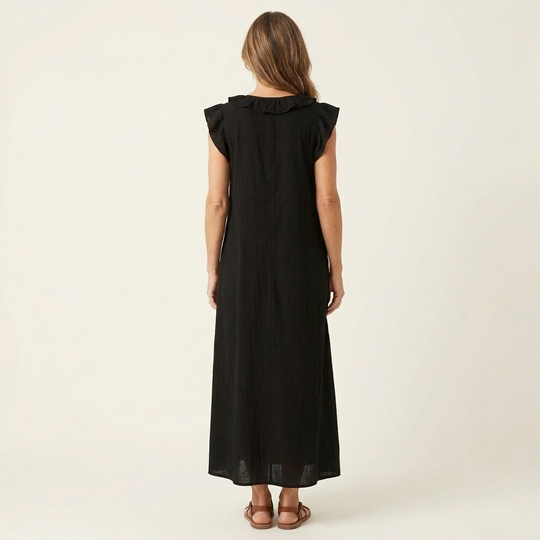 Monica | Maxi Dress in Linen-Cotton Blend with Ruffles and V-Neck