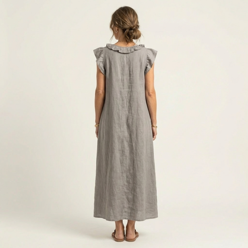 Monica | Maxi Dress in Linen-Cotton Blend with Ruffles and V-Neck
