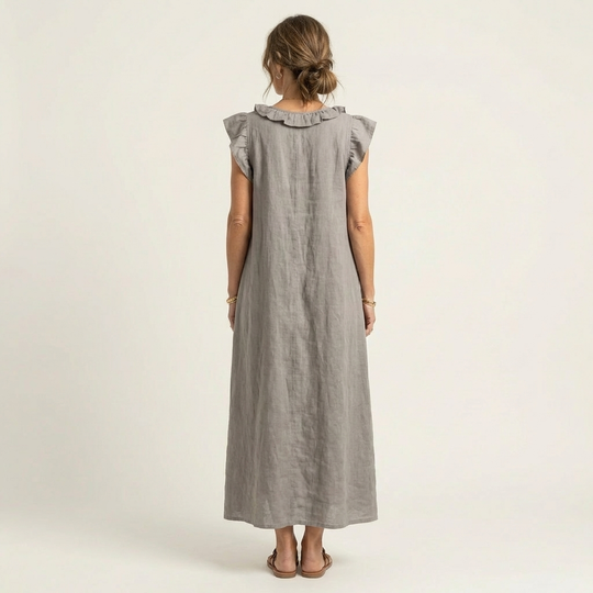 Monica | Maxi Dress in Linen-Cotton Blend with Ruffles and V-Neck