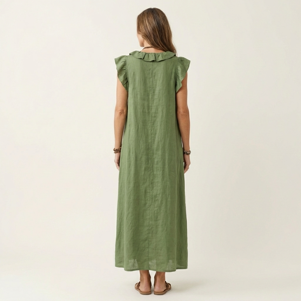 Monica | Maxi Dress in Linen-Cotton Blend with Ruffles and V-Neck