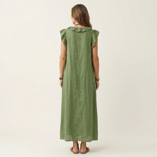 Monica | Maxi Dress in Linen-Cotton Blend with Ruffles and V-Neck