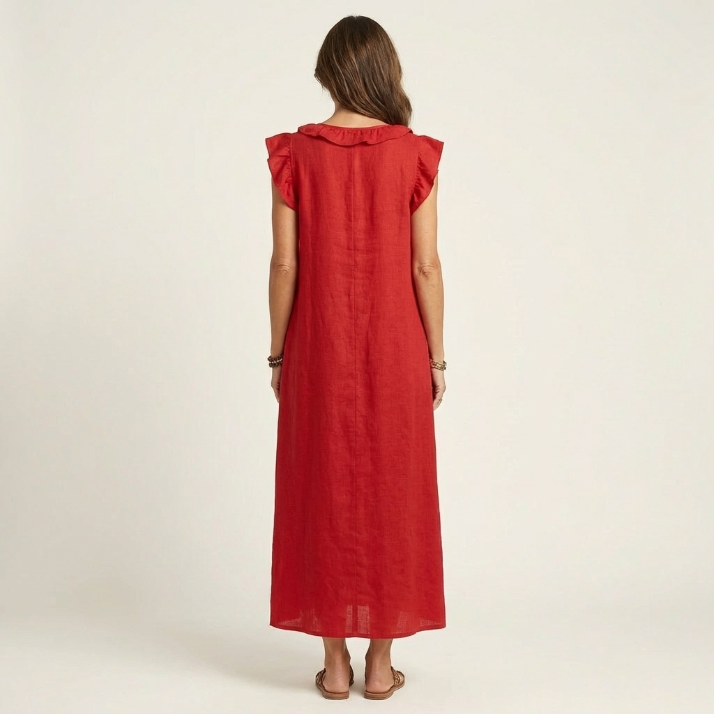 Monica | Maxi Dress in Linen-Cotton Blend with Ruffles and V-Neck