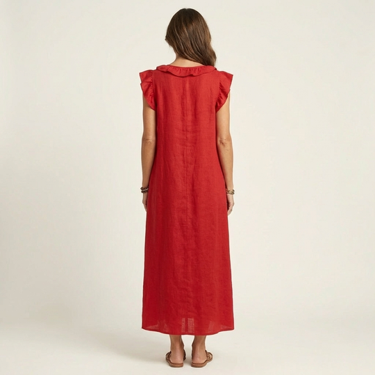 Monica | Maxi Dress in Linen-Cotton Blend with Ruffles and V-Neck
