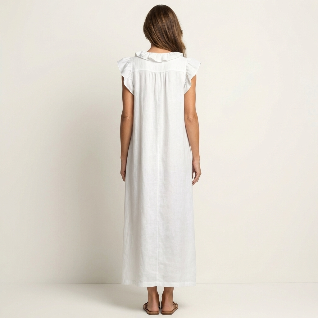 Monica | Maxi Dress in Linen-Cotton Blend with Ruffles and V-Neck