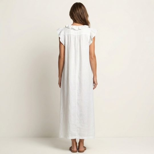 Monica | Maxi Dress in Linen-Cotton Blend with Ruffles and V-Neck