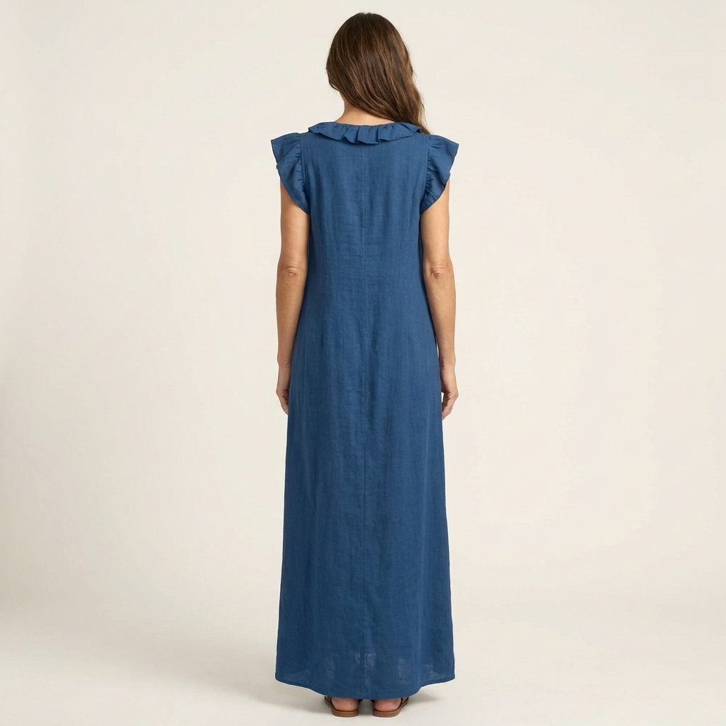 Monica | Maxi Dress in Linen-Cotton Blend with Ruffles and V-Neck