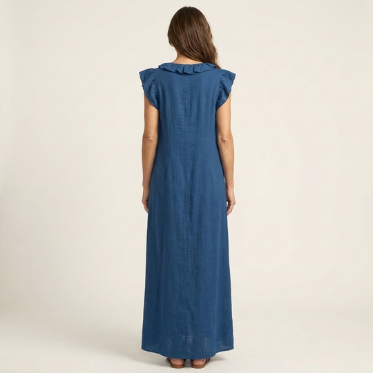 Monica | Maxi Dress in Linen-Cotton Blend with Ruffles and V-Neck