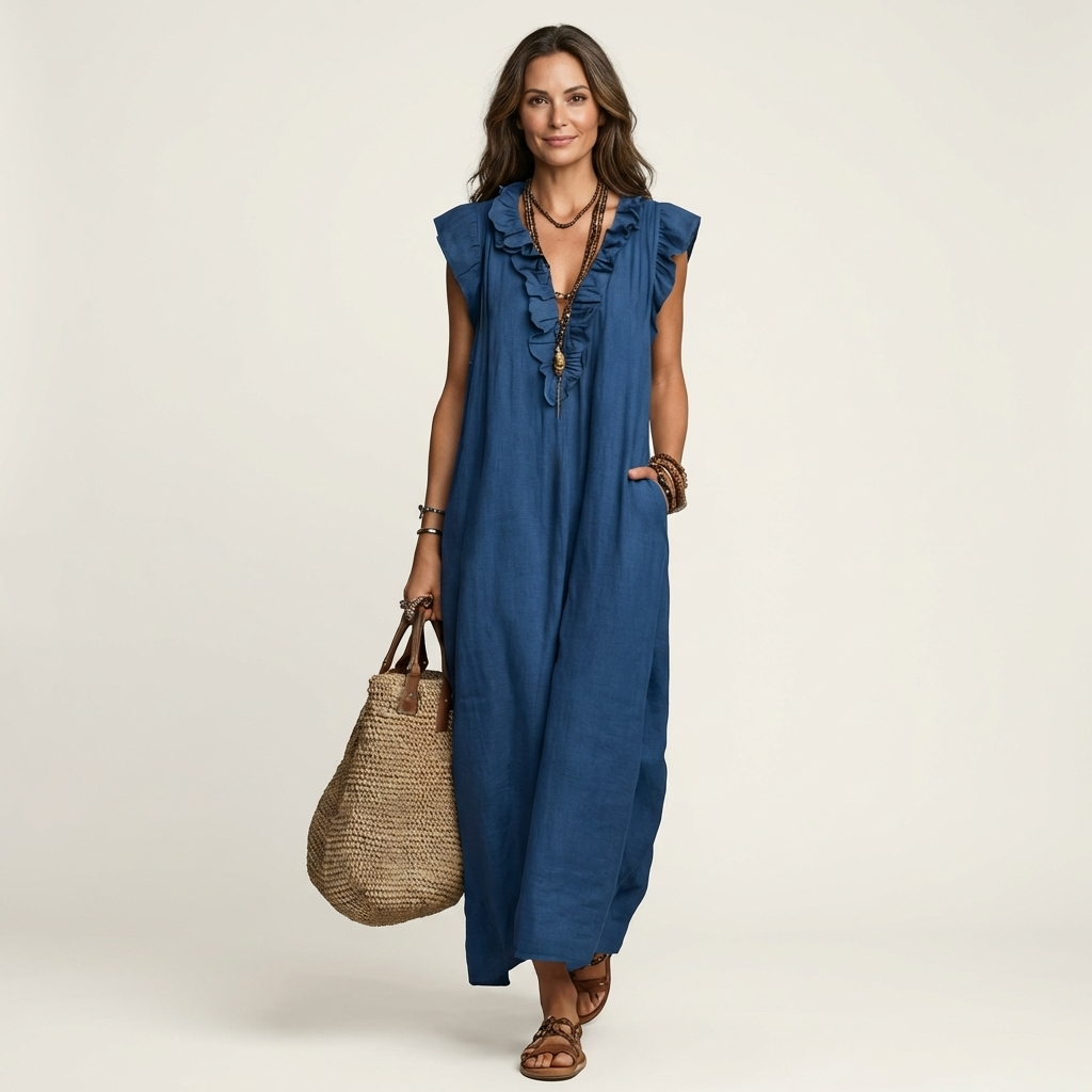 Monica | Maxi Dress in Linen-Cotton Blend with Ruffles and V-Neck