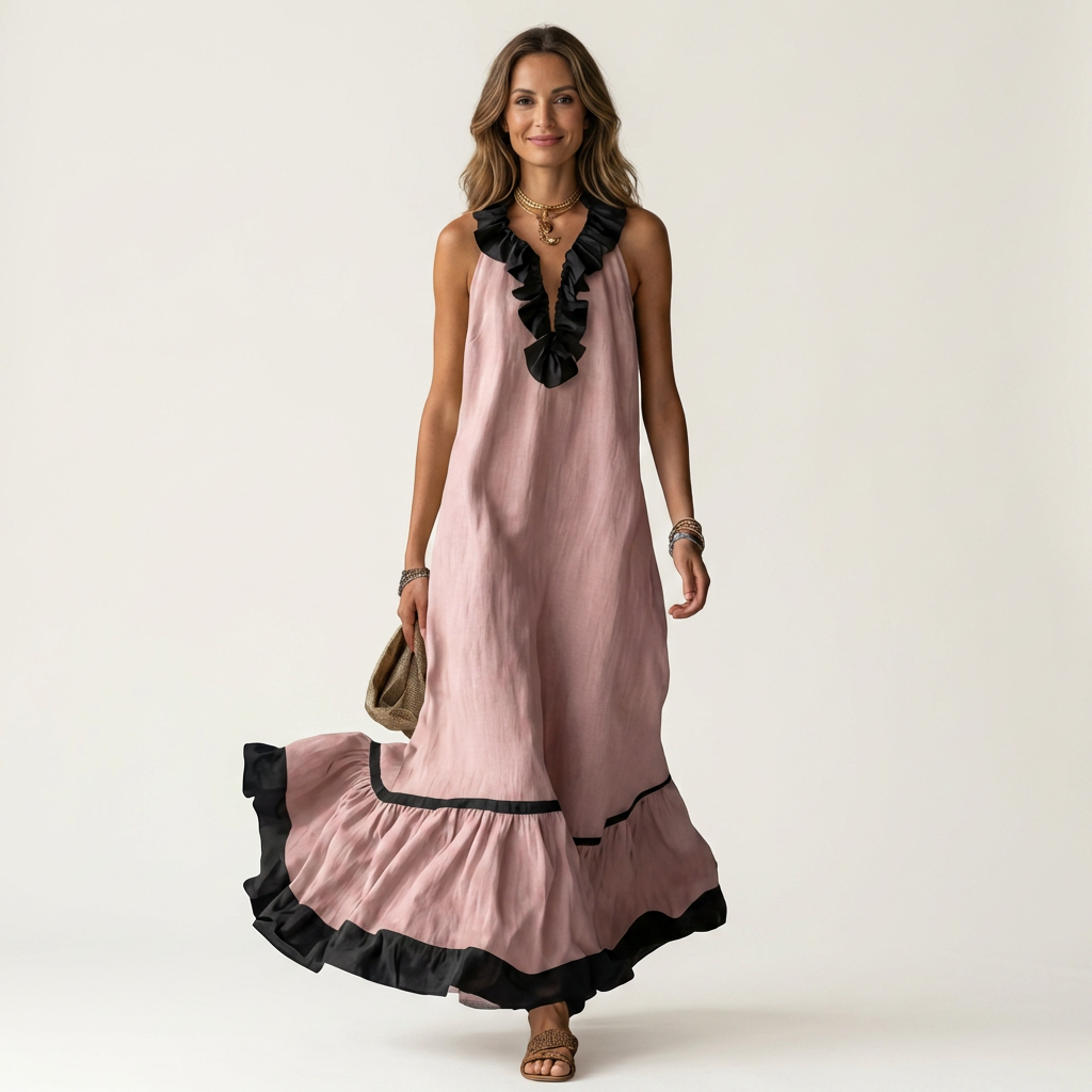 Miranda | Maxi Dress Without Sleeves with Ruffled Neckline and Contrast Trim in 7 Colors