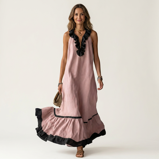 Miranda | Maxi Dress Without Sleeves with Ruffled Neckline and Contrast Trim in 7 Colors