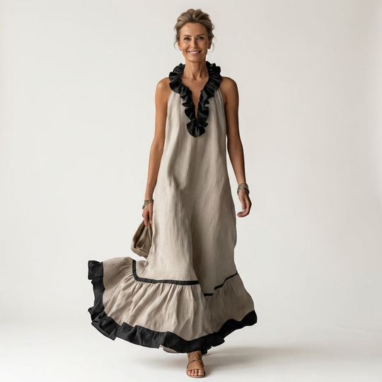 Miranda | Maxi Dress Without Sleeves with Ruffled Neckline and Contrast Trim in 7 Colors