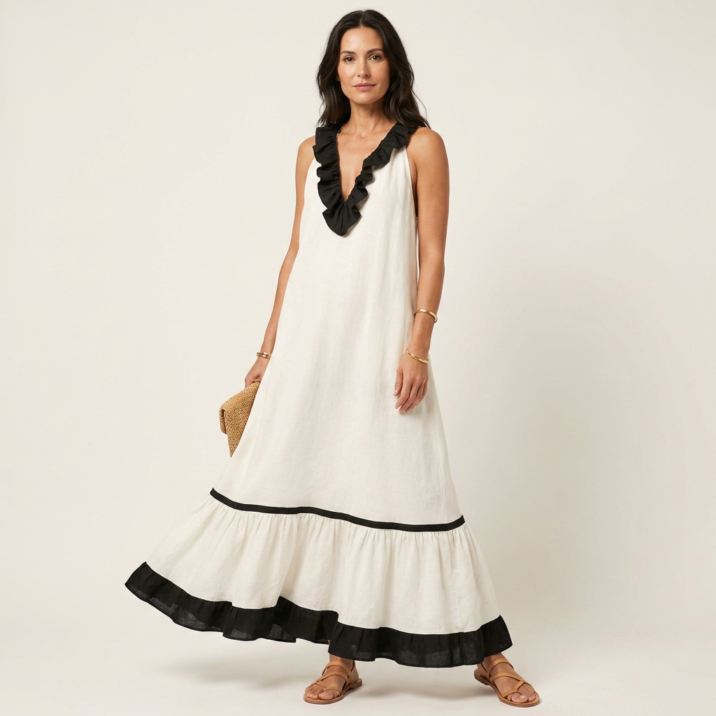 Miranda | Maxi Dress Without Sleeves with Ruffled Neckline and Contrast Trim in 7 Colors