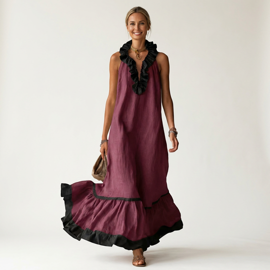 Miranda | Maxi Dress Without Sleeves with Ruffled Neckline and Contrast Trim in 7 Colors