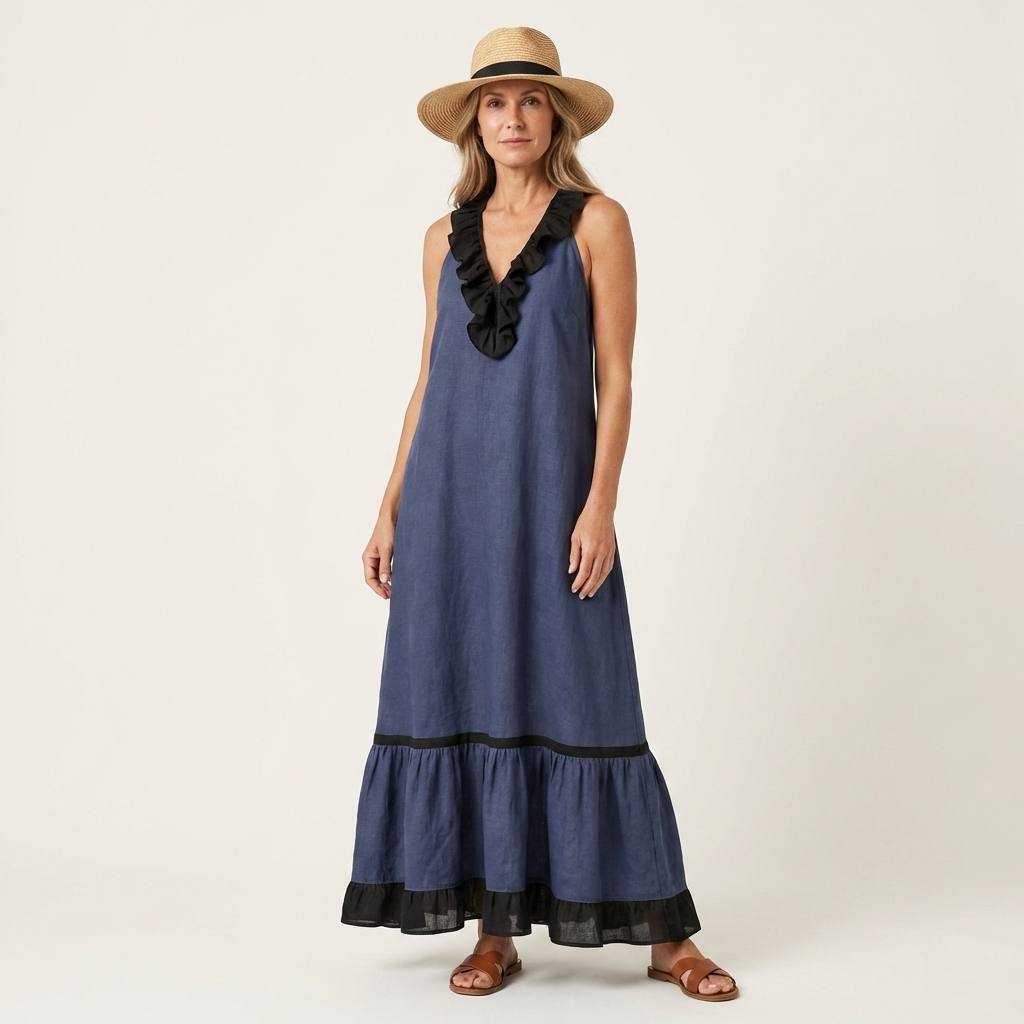 Miranda | Maxi Dress Without Sleeves with Ruffled Neckline and Contrast Trim in 7 Colors