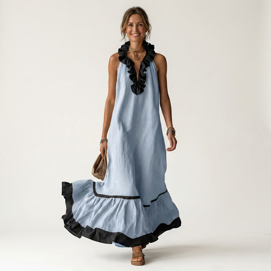 Miranda | Maxi Dress Without Sleeves with Ruffled Neckline and Contrast Trim in 7 Colors