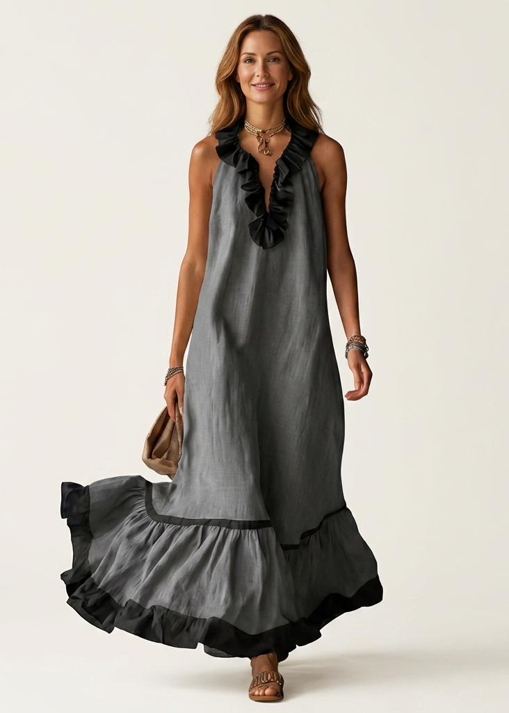 Miranda | Maxi Dress Without Sleeves with Ruffled Neckline and Contrast Trim in 7 Colors