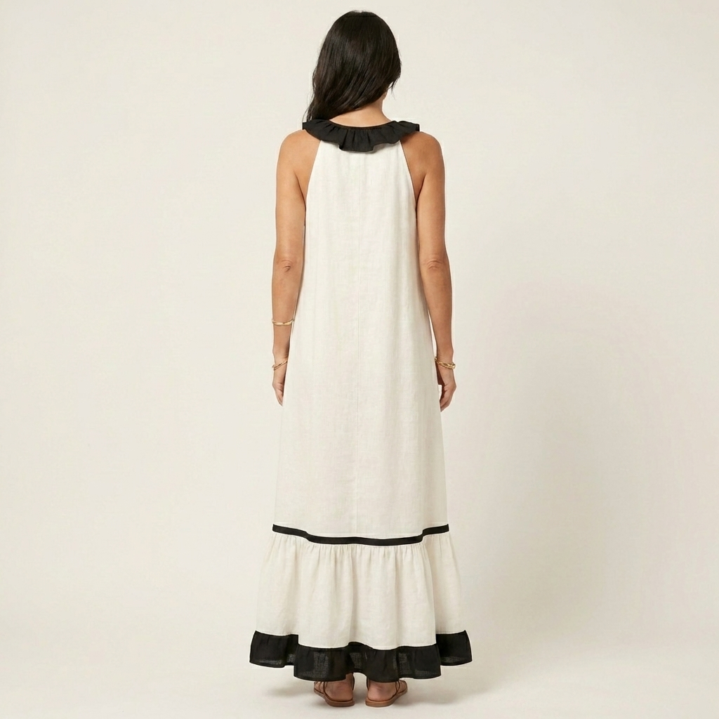Miranda | Maxi Dress Without Sleeves with Ruffled Neckline and Contrast Trim in 7 Colors