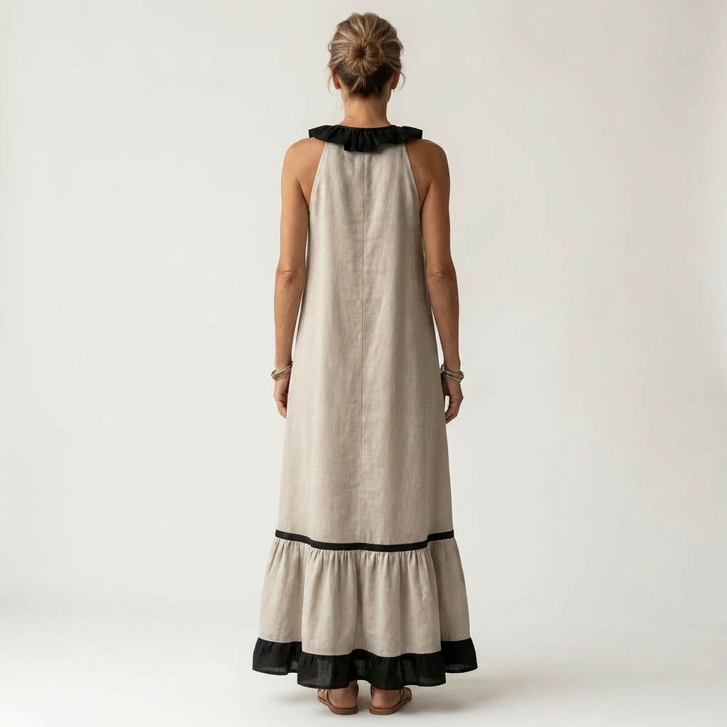 Miranda | Maxi Dress Without Sleeves with Ruffled Neckline and Contrast Trim in 7 Colors