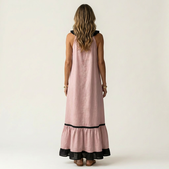 Miranda | Maxi Dress Without Sleeves with Ruffled Neckline and Contrast Trim in 7 Colors