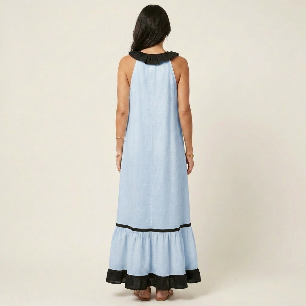 Miranda | Maxi Dress Without Sleeves with Ruffled Neckline and Contrast Trim in 7 Colors