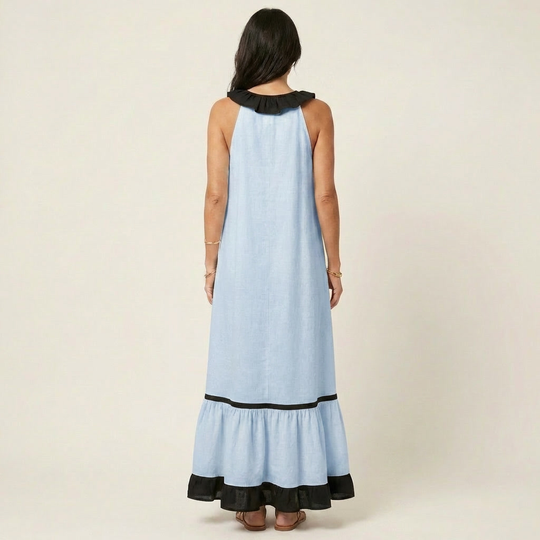Miranda | Maxi Dress Without Sleeves with Ruffled Neckline and Contrast Trim in 7 Colors