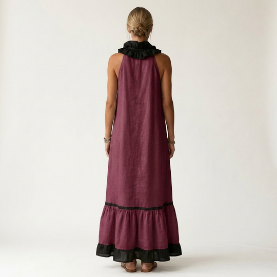 Miranda | Maxi Dress Without Sleeves with Ruffled Neckline and Contrast Trim in 7 Colors