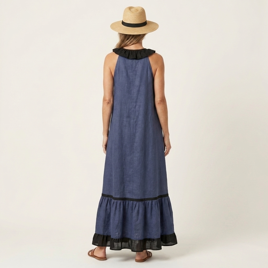 Miranda | Maxi Dress Without Sleeves with Ruffled Neckline and Contrast Trim in 7 Colors