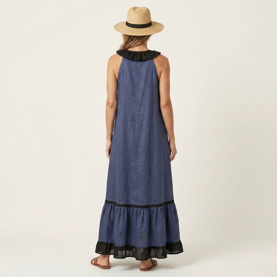 Miranda | Maxi Dress Without Sleeves with Ruffled Neckline and Contrast Trim in 7 Colors