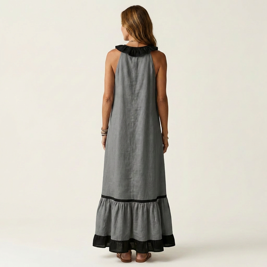Miranda | Maxi Dress Without Sleeves with Ruffled Neckline and Contrast Trim in 7 Colors