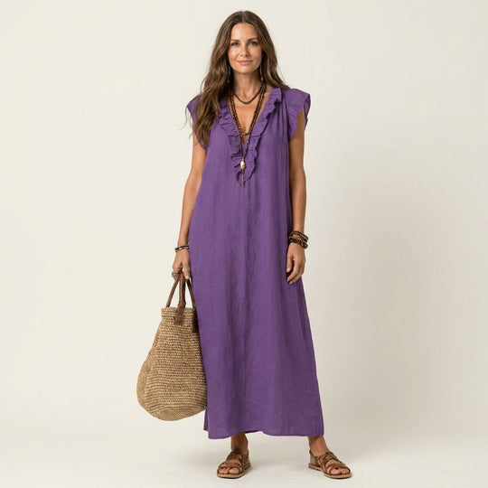 Monica | Maxi Dress in Linen-Cotton Blend with Ruffles and V-Neck