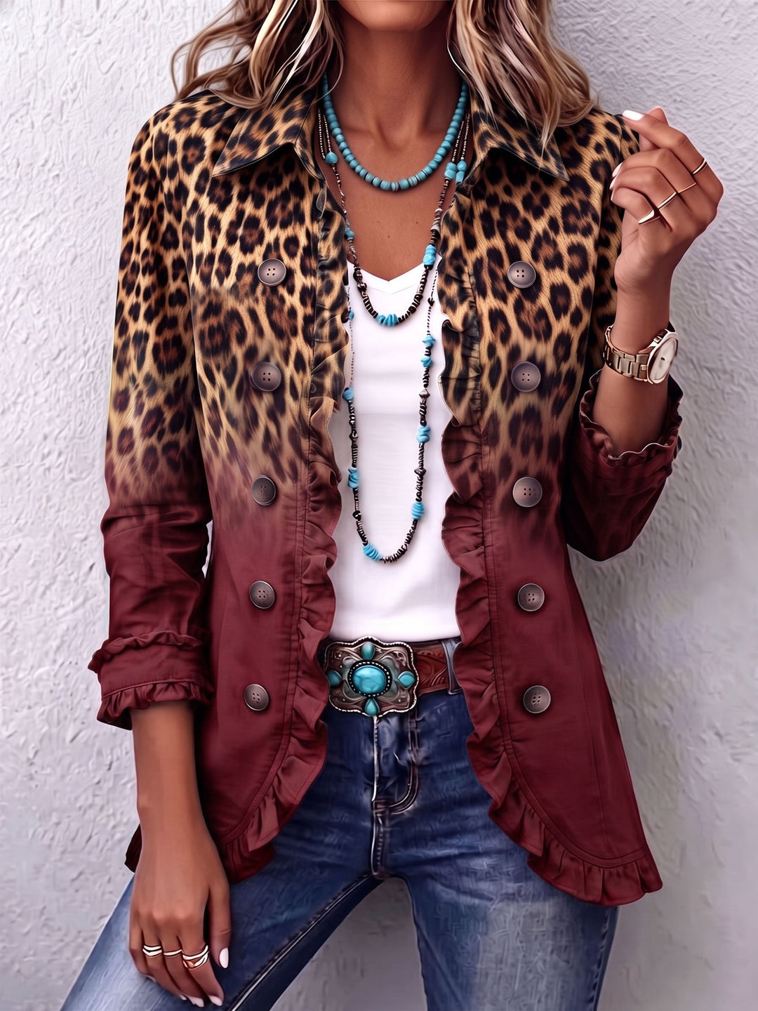 Mercedes | Leopard Gradient Blazer Jacket with Ruffles
