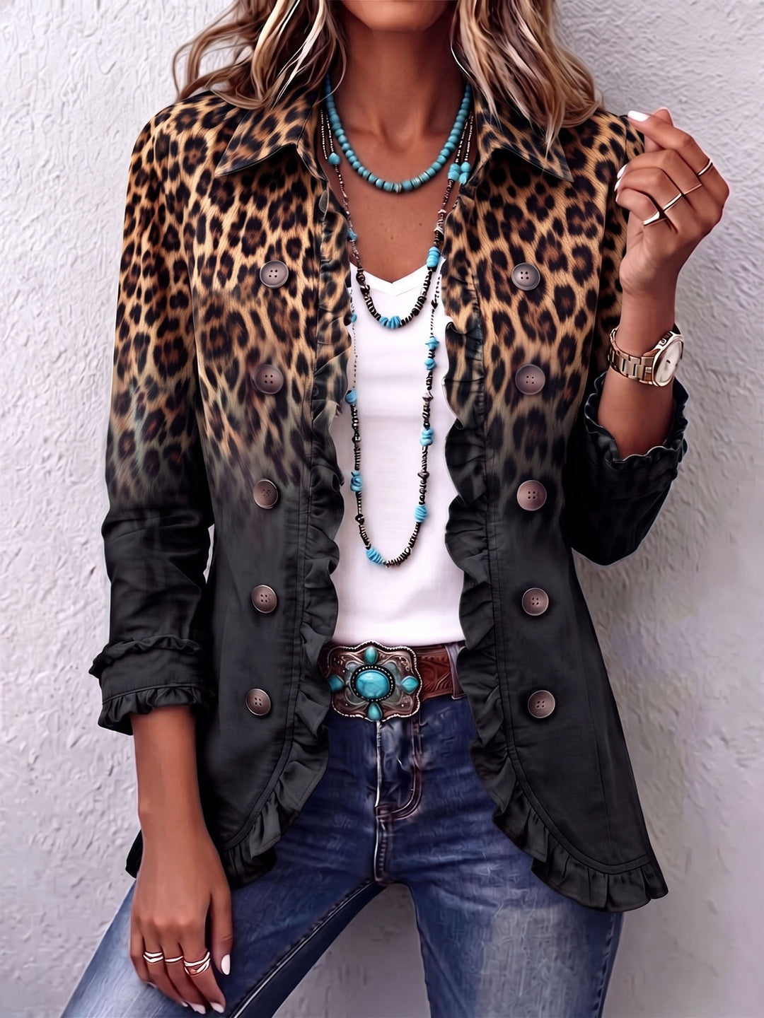 Sabina | Black Leopard Blazer Jacket with Ruffles